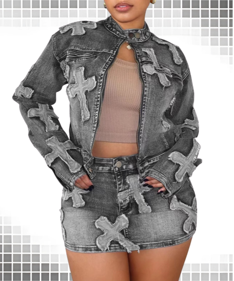 Cross Jacket and Skirt Two-Piece Set