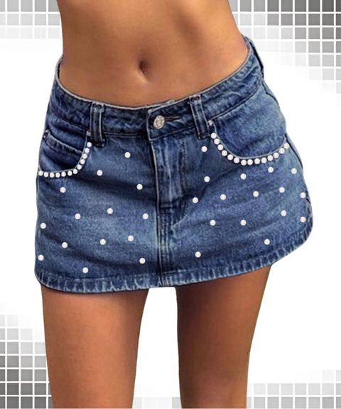 Pearl embellished low-rise denim skirt