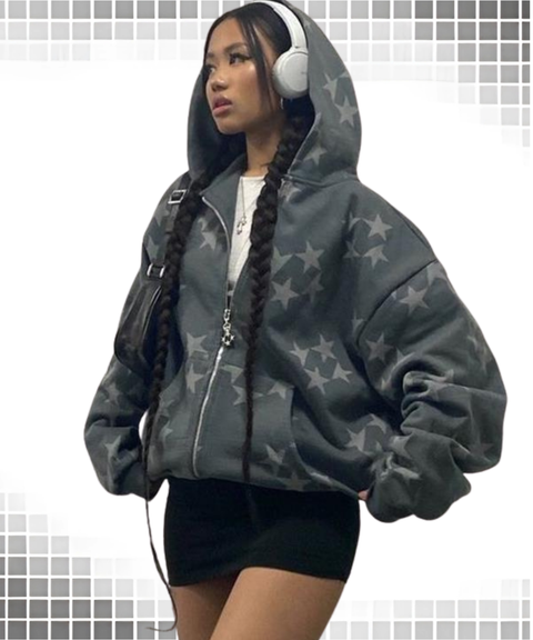 star print hooded sweatshirt jacket