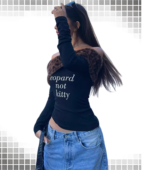 Leopard print off-the-shoulder long-sleeved top