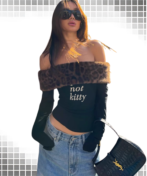 Leopard print off-the-shoulder long-sleeved top