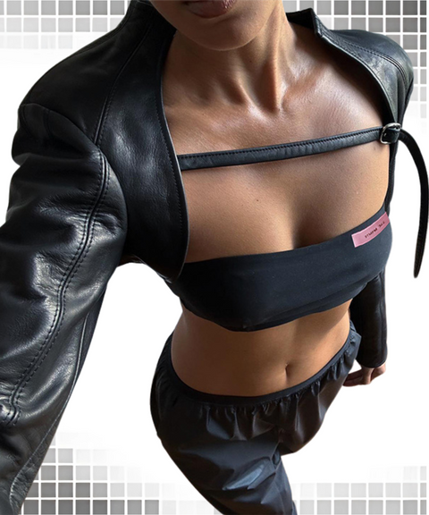 Street style tube top with PU leather jacket two-piece suit