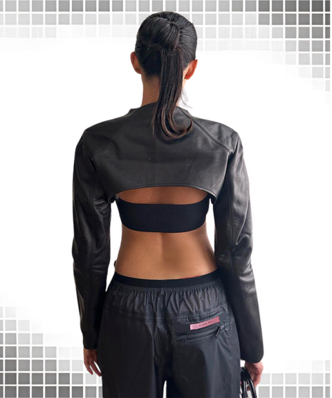 Street style tube top with PU leather jacket two-piece suit