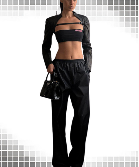Street style tube top with PU leather jacket two-piece suit