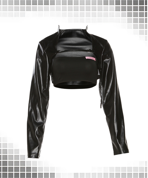 Street style tube top with PU leather jacket two-piece suit