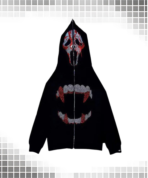 Street Style Skull Pattern Rhinestone Zipper Hooded Sweatshirt Jacket