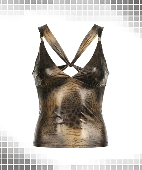 Retro Leopard Print Cross Hollow V-Neck Slim Vest
