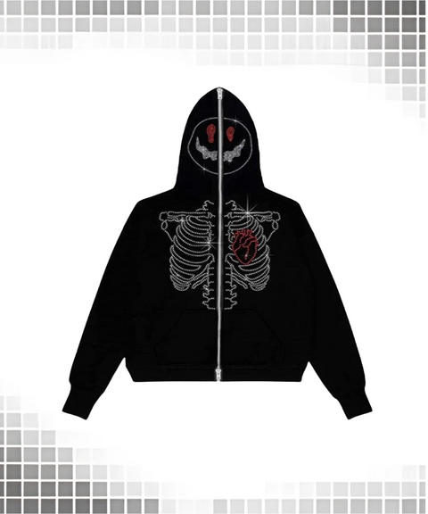 Street Style Skull Pattern Rhinestone Zipper Hooded Sweatshirt Jacket