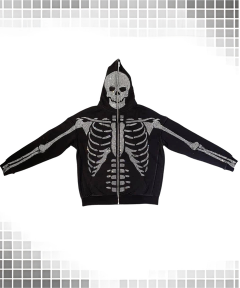Street Style Skull Pattern Rhinestone Zipper Hooded Sweatshirt Jacket