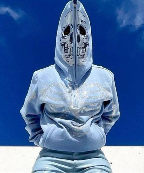 Street Style Skull Pattern Rhinestone Zipper Hooded Sweatshirt Jacket