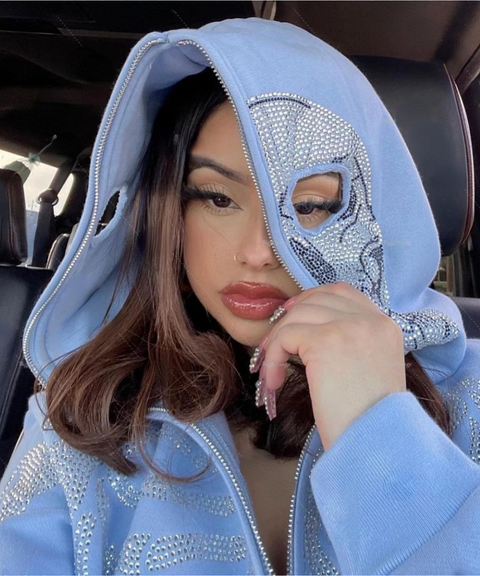 Street Style Skull Pattern Rhinestone Zipper Hooded Sweatshirt Jacket