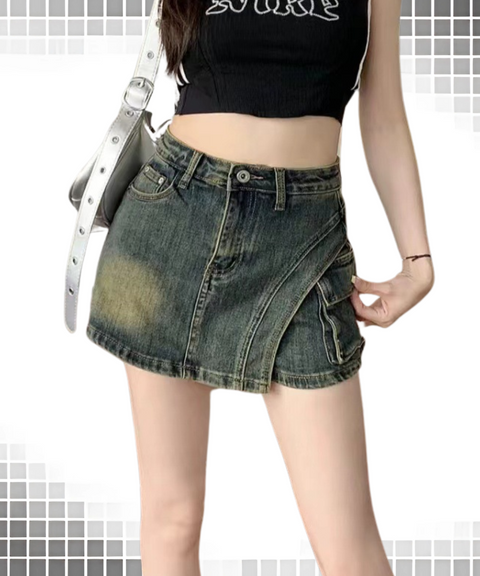 Distressed High-Waisted Denim Skirt