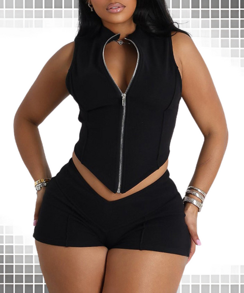 Zipper Sleeveless Top And High-Waisted Shorts Set