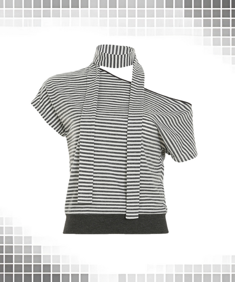 Striped Contrast Color Oblique Collar T-shirt