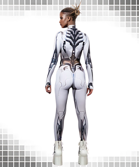 Mechanical Pattern Print Stretch Long-Sleeve Bodysuit