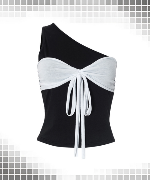 One-Shoulder Bowknot Colorblock Top