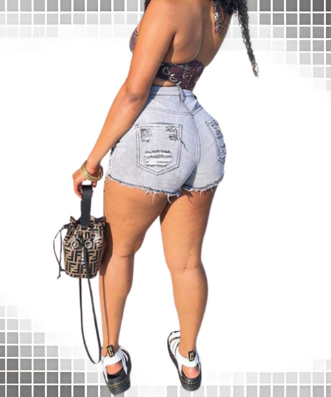 Damaged High-Elastic Denim Shorts