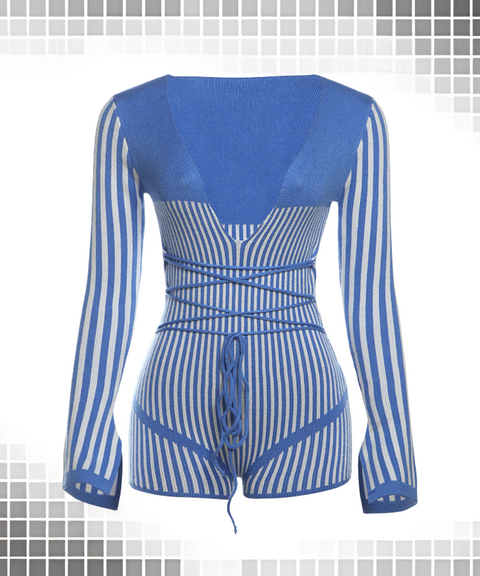 Deep V-Neck Striped High-Waisted Jumpsuit