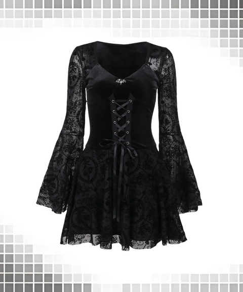 Halloween retro dark flocked long-sleeved dress