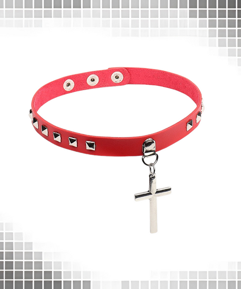 Halloween PU leather collar with cross and retro rivet leather necklace