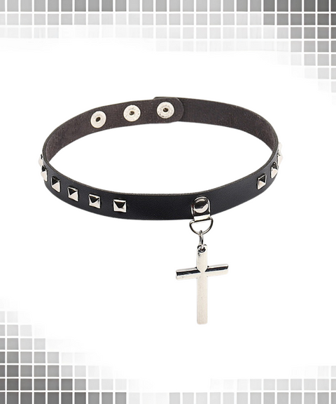 Halloween PU leather collar with cross and retro rivet leather necklace