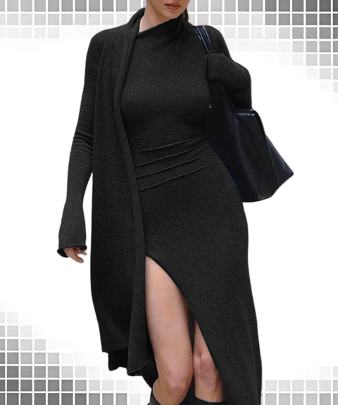 Knitted long-sleeved slit dress