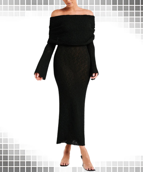 Long-sleeved knitted one-shoulder dress