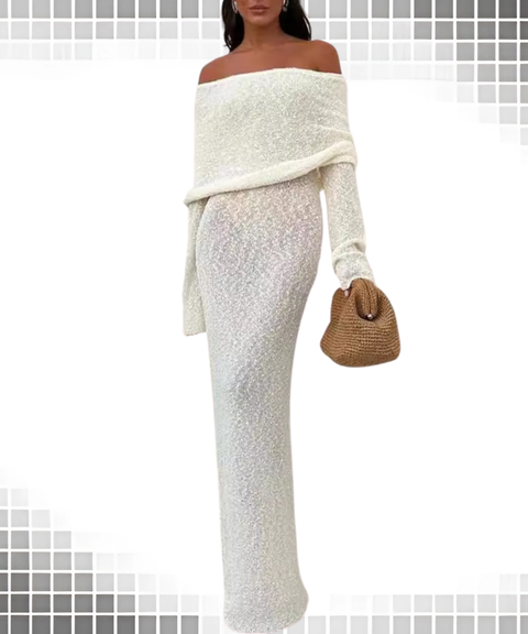 Long-sleeved knitted one-shoulder dress
