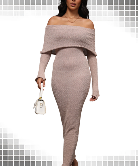 Long-sleeved knitted one-shoulder dress