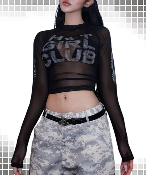 Round-Neck Mesh Crop Printed T-Shirt