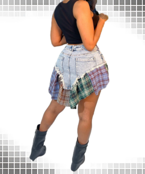 Sexy Irregular Plaid Patchwork Denim Mini Skirt