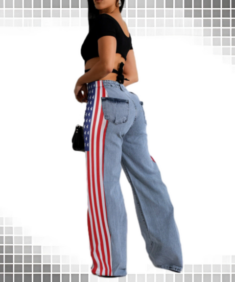 American Flag Print Stretch Wide-Leg Casual High-Waist Straight Jeans