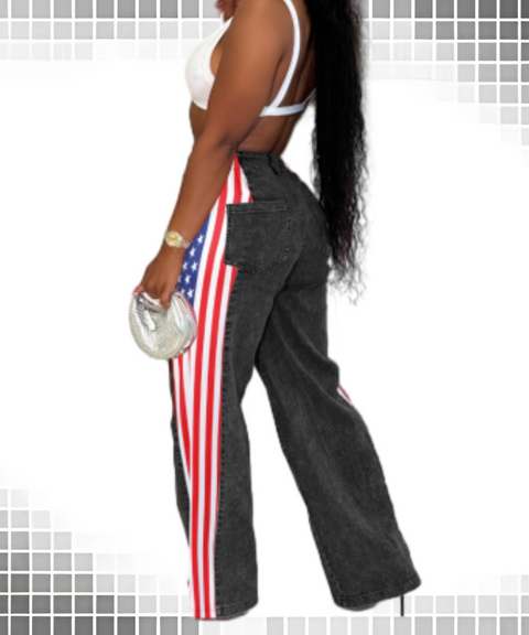 American Flag Print Stretch Wide-Leg Casual High-Waist Straight Jeans