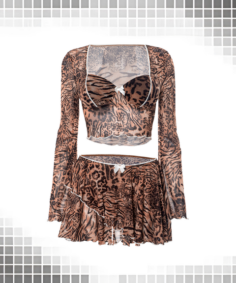 Leopard print long sleeve square neck top pleated short skirt set