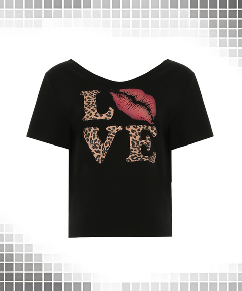 Leopard print large neckline short sleeve top I Love Me