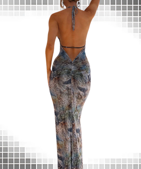 Retro Printed Lace-up Dress