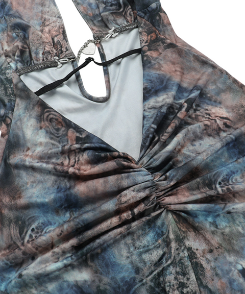Retro Printed Lace-up Dress