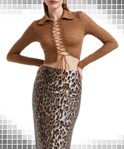 Lace Tie Hollow Long Sleeve Top