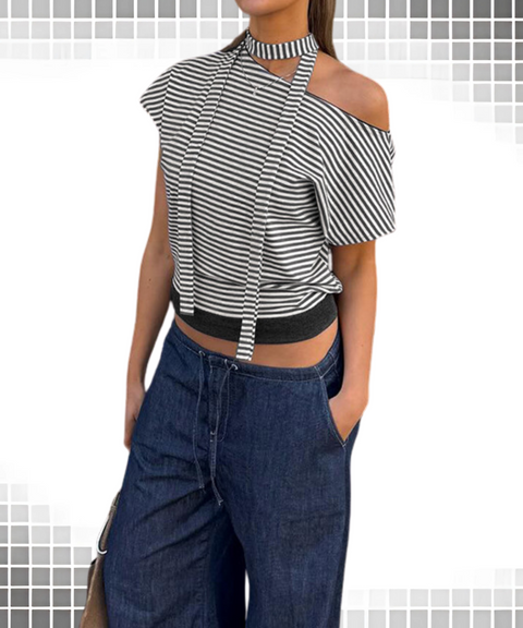 Striped Contrast Color Oblique Collar T-shirt