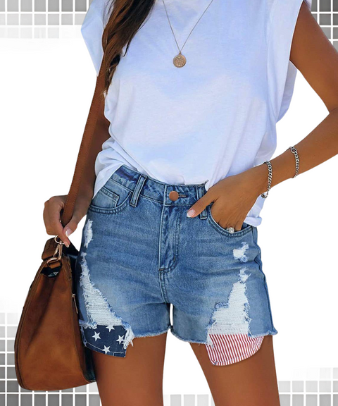 American Flag Element Ripped Jeans Short