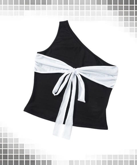 One-Shoulder Bowknot Colorblock Top