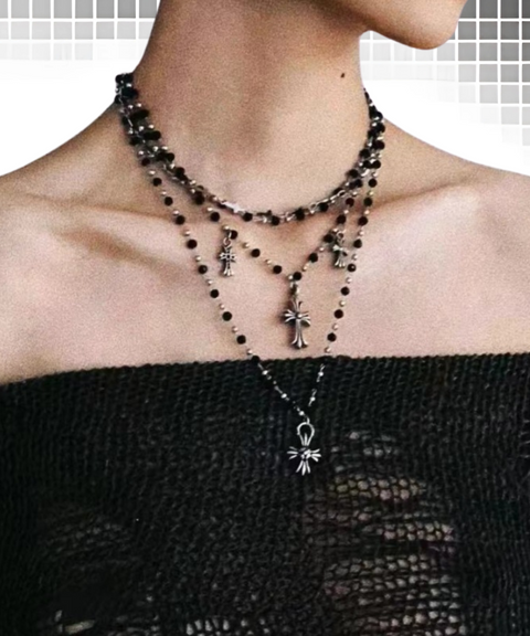 Cross Pendant Black Bead Necklace