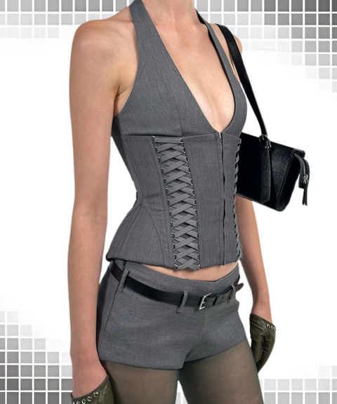 Hanging Neck Zipper Vest and Shorts