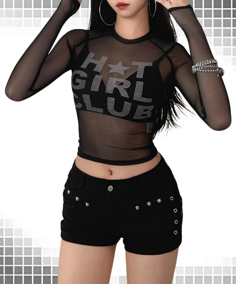 Round-Neck Mesh Crop Printed T-Shirt