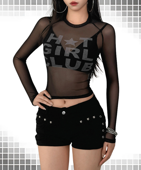 Round-Neck Mesh Crop Printed T-Shirt