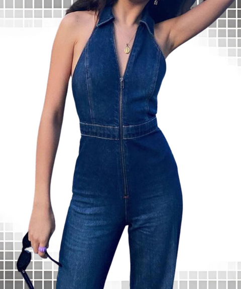 Collared Zip-Up Denim Jumpsuit