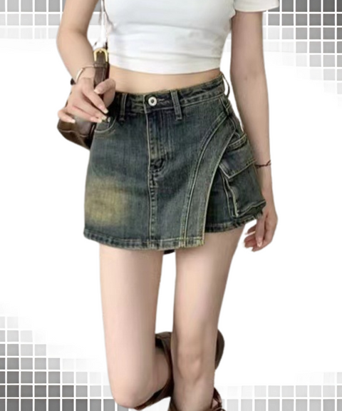 Distressed High-Waisted Denim Skirt