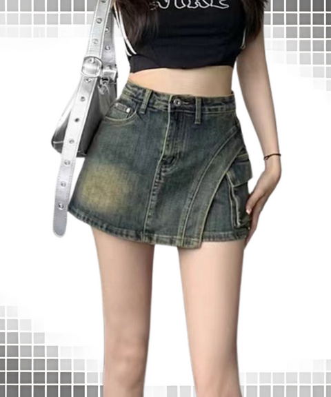 Distressed High-Waisted Denim Skirt