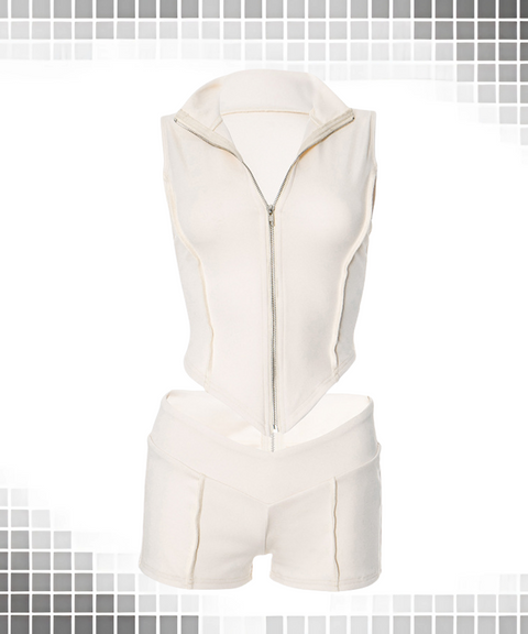 Zipper Sleeveless Top And High-Waisted Shorts Set