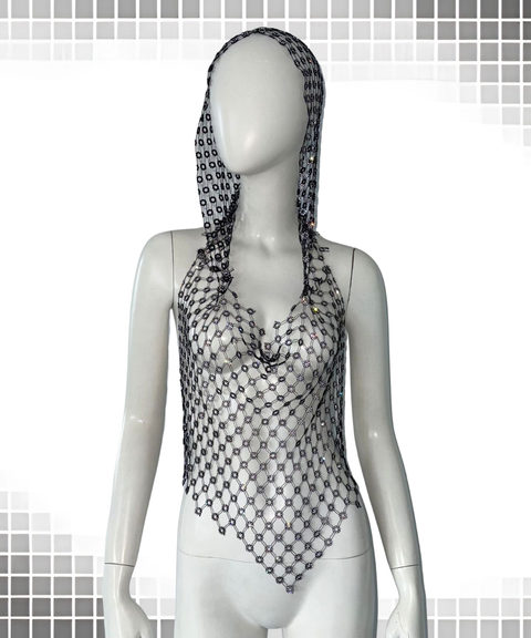 Sexy mesh camisole with rhinestone hoodie top